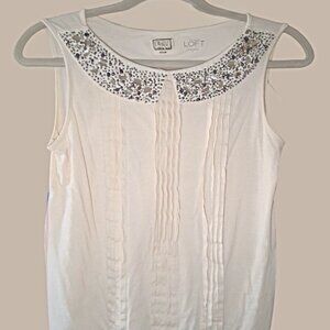 LOFT Ivory Sleeveless Dressy Blouse with Jeweled Collar ~ Pleated Front, Size M